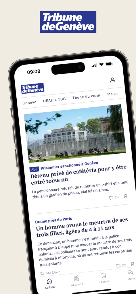 Bildschirm eines Smartphones, der den Nachrichtenfeed und das Navigationsmenü der Tribune de Geneve App anzeigt