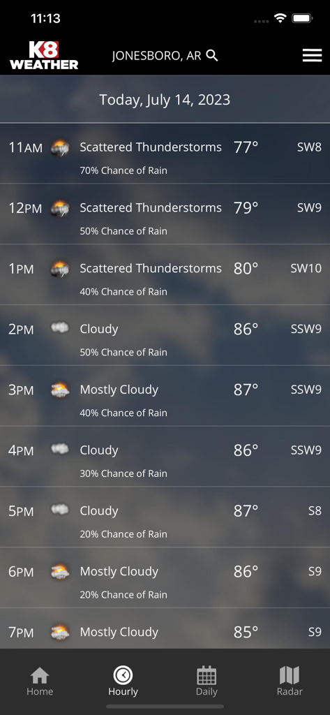 KAIT Region 8 Weather - Hourly weather forecast for Jonesboro Arkansas in the KAIT Region 8 Weather app