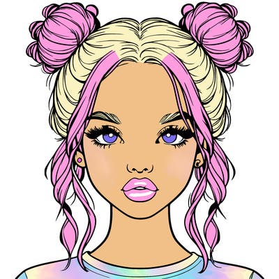 realistic girl with two buns in hair and lips