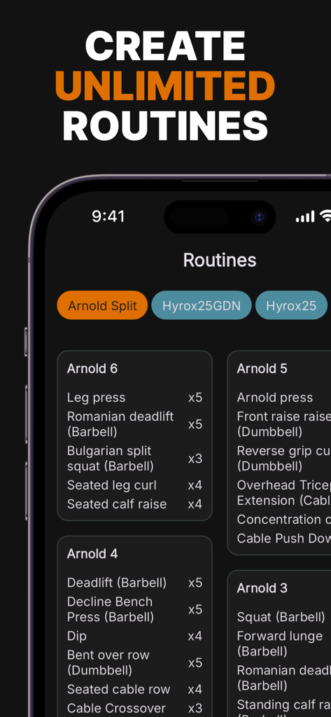 Gym log - Strive - Interface of the Strive gym log app displaying custom workout routines and exercise lists.