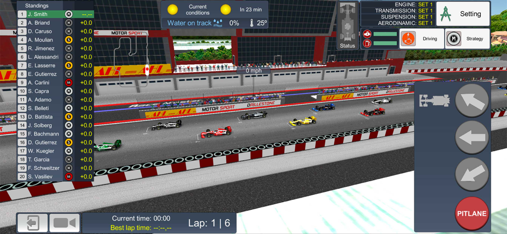 Race Master Manager - Race Master Manager gameplay showing the track view, standings leaderboard, and race strategy controls.