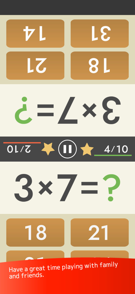 Mental Arithmetic Math - Split screen view of a two player mental math multiplication challenge