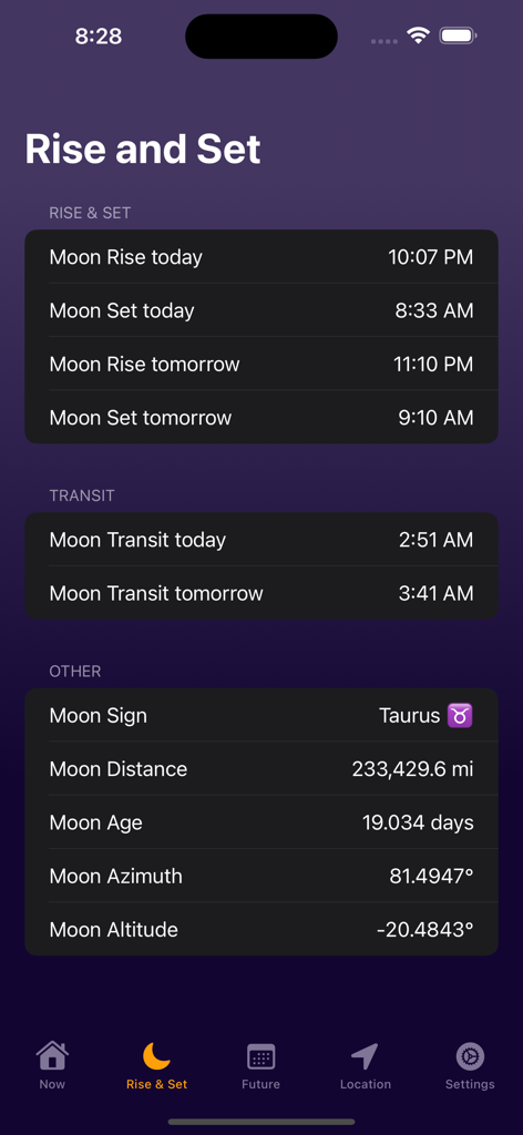 Moon Phase Calendar Plus - ムーンフェイズカレンダープラスアプリの月の出と月の入り画面。月の出時刻、通過データ、現在の月のサインが表示されています。