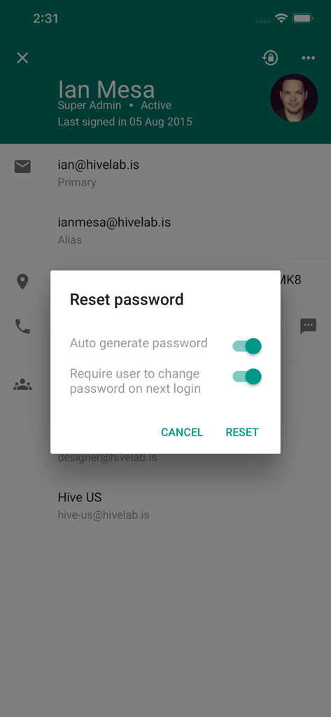 Google Admin app interface showing a reset password dialog for an IT administrator to manage user credentials on mobile