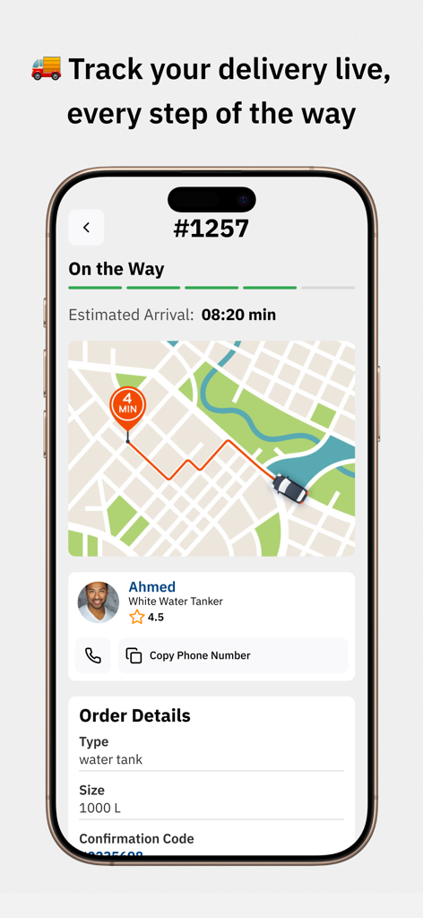 وايتكو - Whitco app interface showing a live map tracking a water tanker delivery with driver information and estimated arrival time.