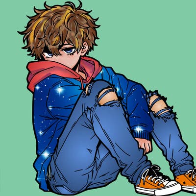 a male hoddie ripped jeans messy hair anime