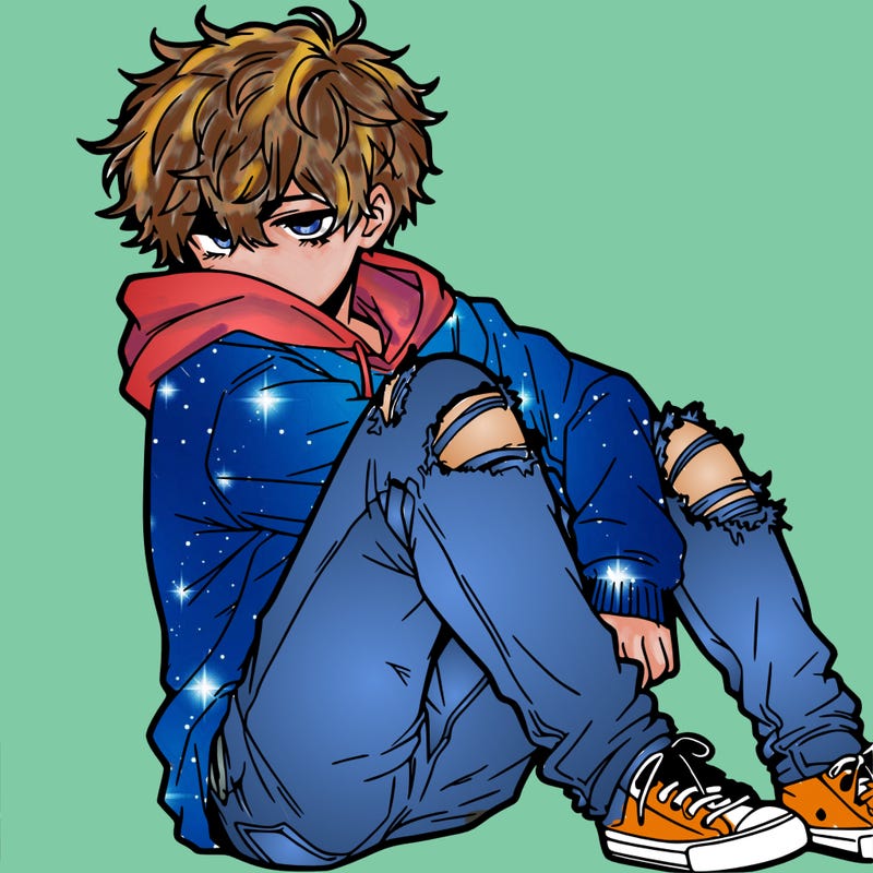 a male hoddie ripped jeans messy hair anime