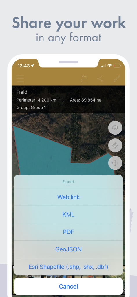 GPS Fields Area Measure app export menu showing options for KML PDF and Esri Shapefile