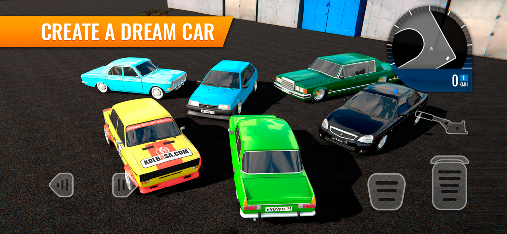 Russian Car Drift - A group of customized Russian cars in a virtual garage with the text Create a Dream Car.