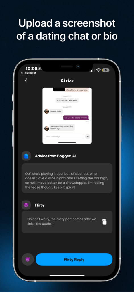 Bagged AI: Pickup Lines & Rizz - Interface do Bagged AI mostrando análise de captura de tela de chat de namoro com sugestão de resposta flertante.