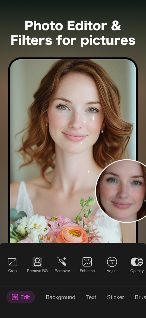 Picsoft AI Photo Editor - Picsoft KI-Fotobearbeitungs-Oberfläche, die Porträt-Retusche-Werkzeuge und Filter auf dem Porträt einer Frau mit Blumen zeigt