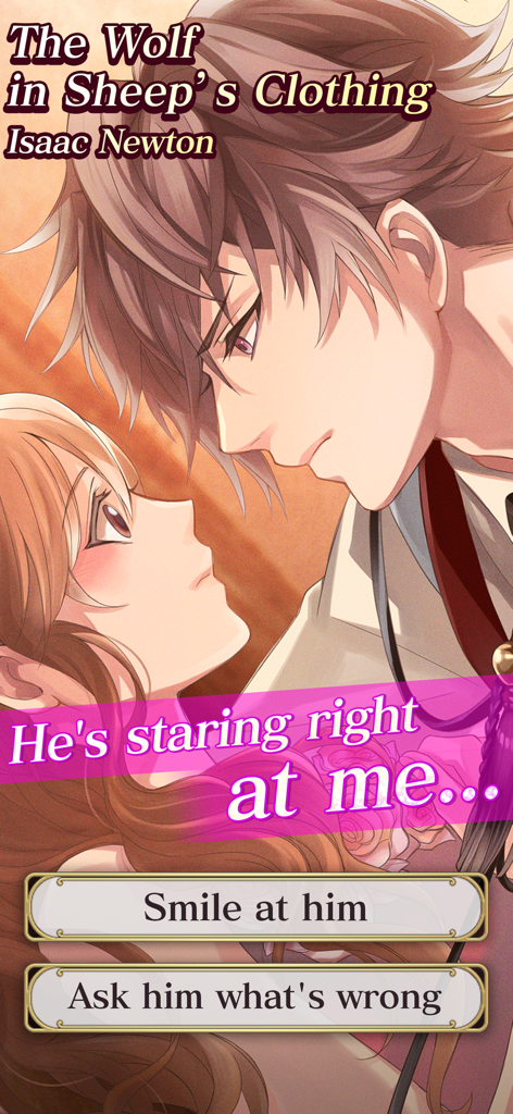 Ikemen Vampire Otome Gam‪e - Una escena romántica de novela visual en Ikemen Vampire que muestra opciones narrativas con el personaje Isaac Newton.