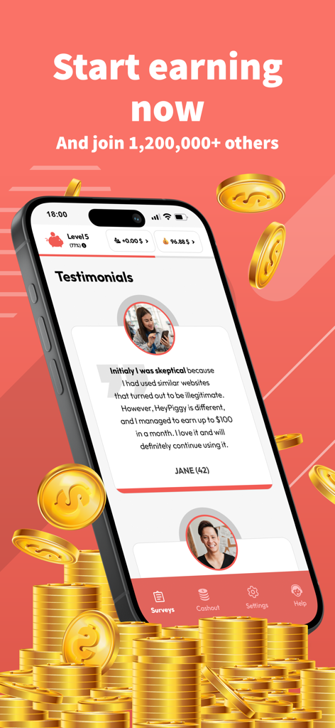 HeyPiggy: Daily Online Surveys - Smartphone screen showing HeyPiggy app testimonials with stacks of gold coins and a call to action to start earning.