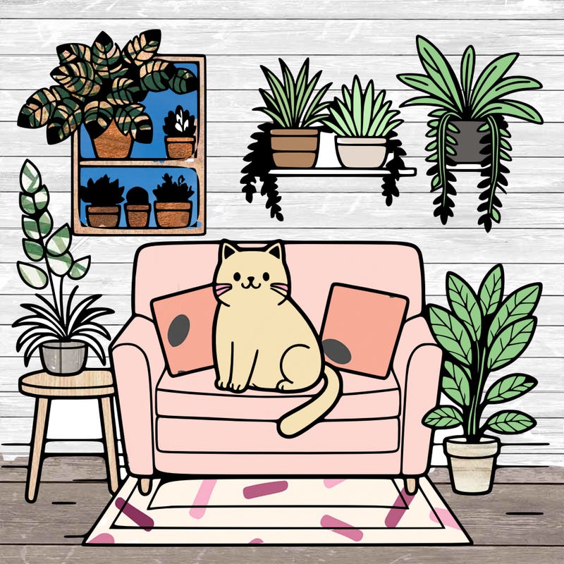 cat on a sofa in a room full of plants