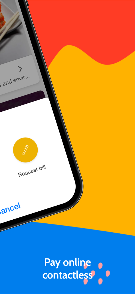Waitry: Digital Restaurants - Pantalla de la aplicación Waitry que muestra el botón de solicitar la cuenta y la opción de pago sin contacto.