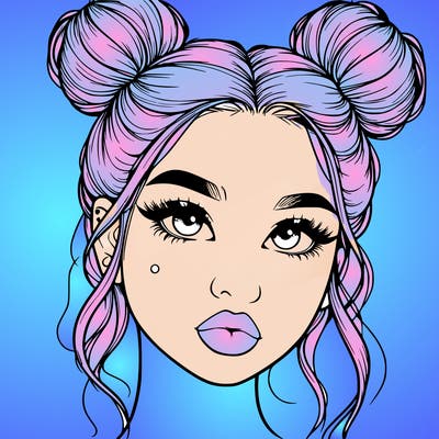 realistic girl with two buns on her hair and lips