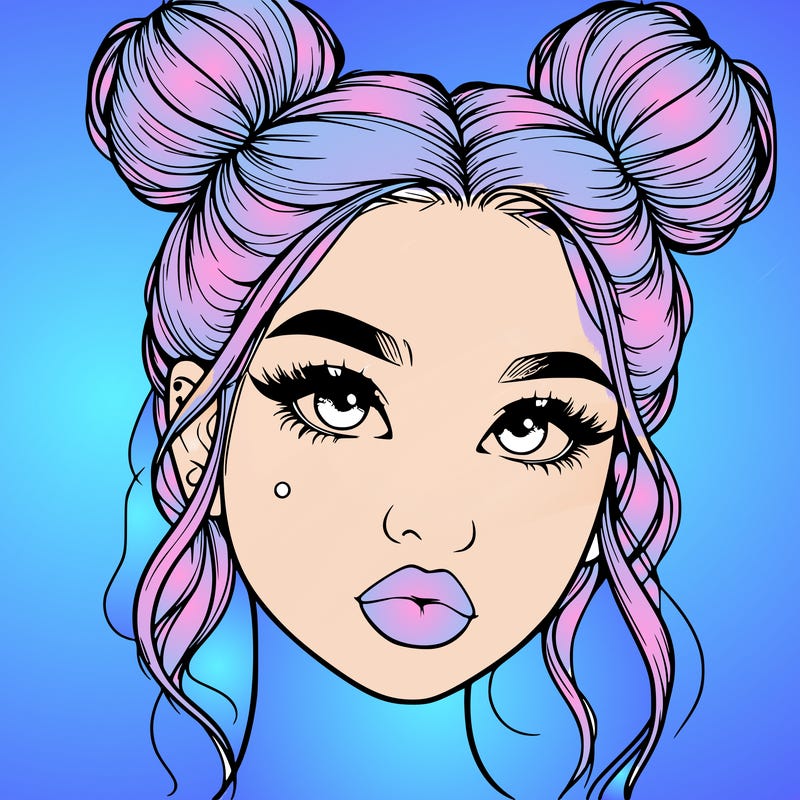 realistic girl with two buns on her hair and lips