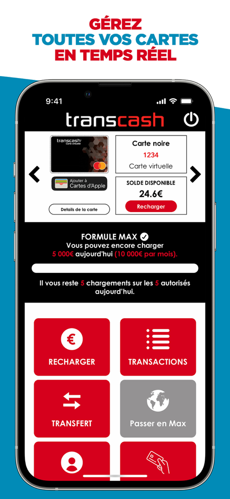 Panel de la app Transcash mostrando el saldo de una Mastercard prepagada virtual y opciones de gestión