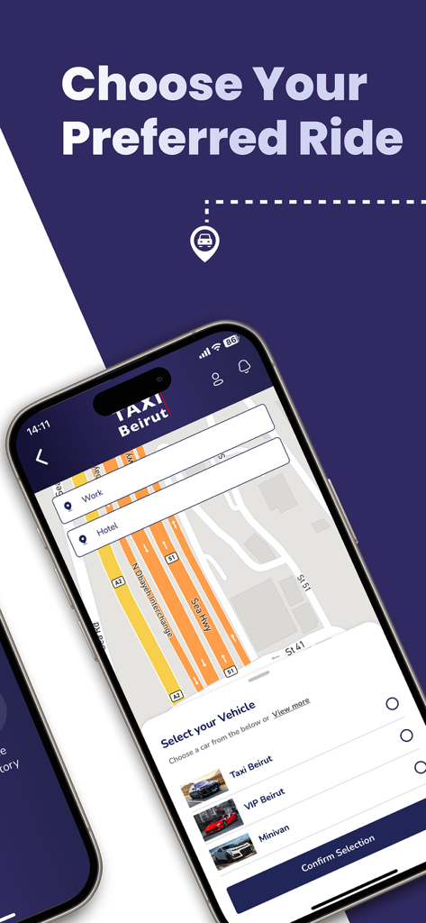 Taxi Beirut - Interfaz de la aplicación Taxi Beirut que muestra opciones de viaje y selección de vehículos en un mapa.