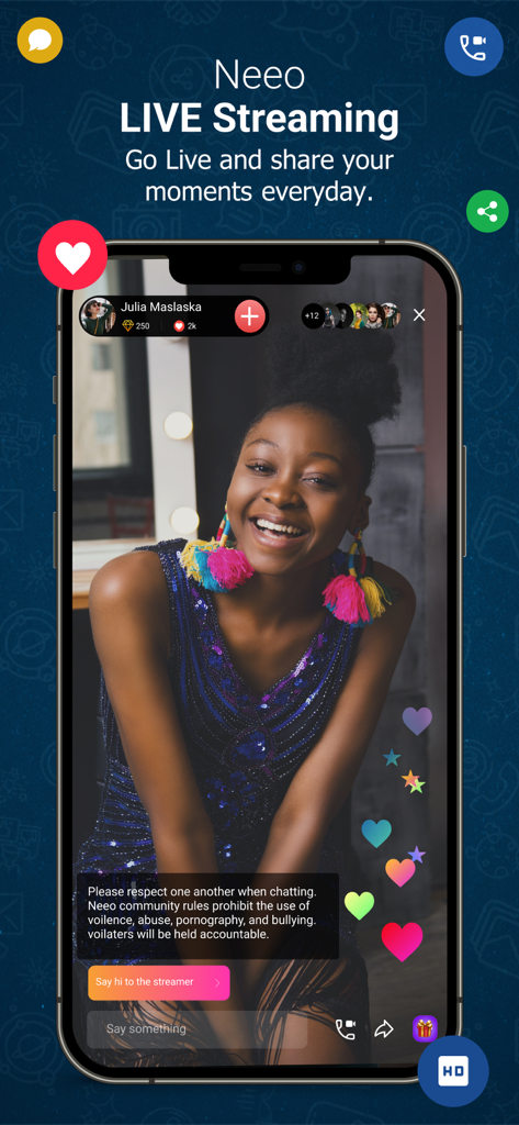 Neeo Messenger with Translator - Interface of Neeo Messenger app showing a live streaming session with a smiling woman and interactive chat features