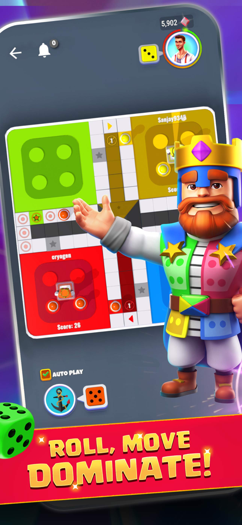 Ludo Royale: Dice Board Game - Juego de tablero de Ludo Royale con un personaje de rey y el lema Tira Mueve Domina