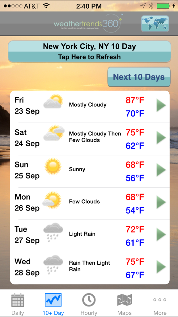 wt360 Pro app 10-day weather forecast for New York City showing daily temperatures and conditions