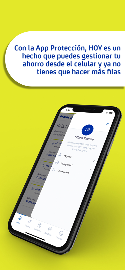 Protección - Proteccion mobile app interface showing user profile and savings management options