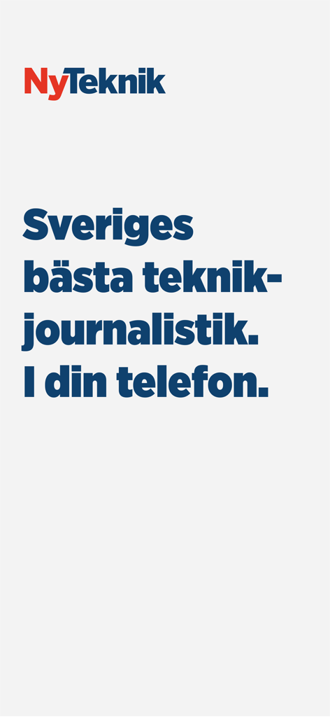 Ny Teknik app splash screen with Swedish text about premium technology journalism on mobile