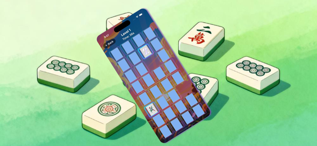 Mahjong Ten Flip - A smartphone showing the Mahjong Ten Flip game screen surrounded by 3D mahjong tiles on a green background