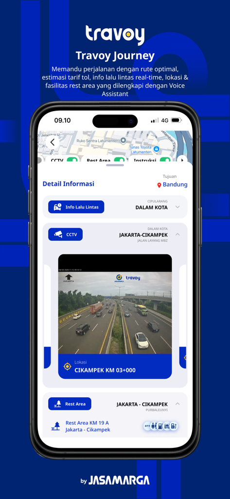 Travoy app showing a real-time highway CCTV feed and traffic information for Indonesian toll roads