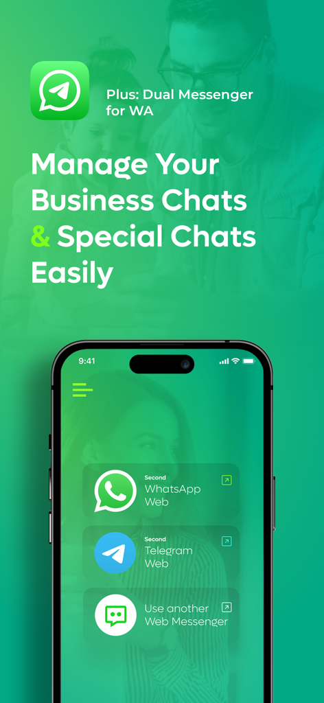 Plus: Dual Messenger for iPad - Pantalla de la aplicación Plus Dual Messenger mostrando opciones para sincronizar la segunda cuenta de WhatsApp y Telegram en el móvil