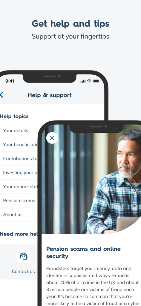 Pantalla de ayuda y soporte de la aplicación Nest Pensions con información sobre seguridad en línea y estafas de pensiones.