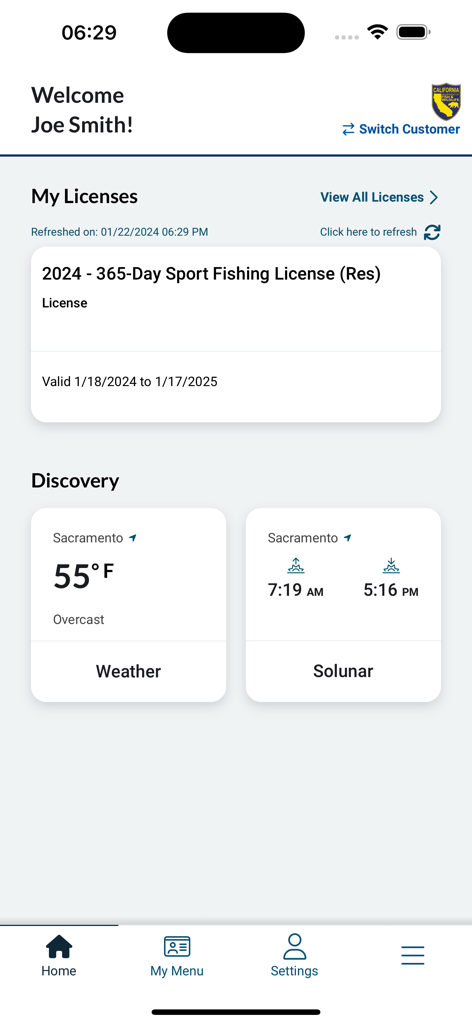 CDFW License app home screen showing a digital 365-day sport fishing license and weather and solunar discovery information.