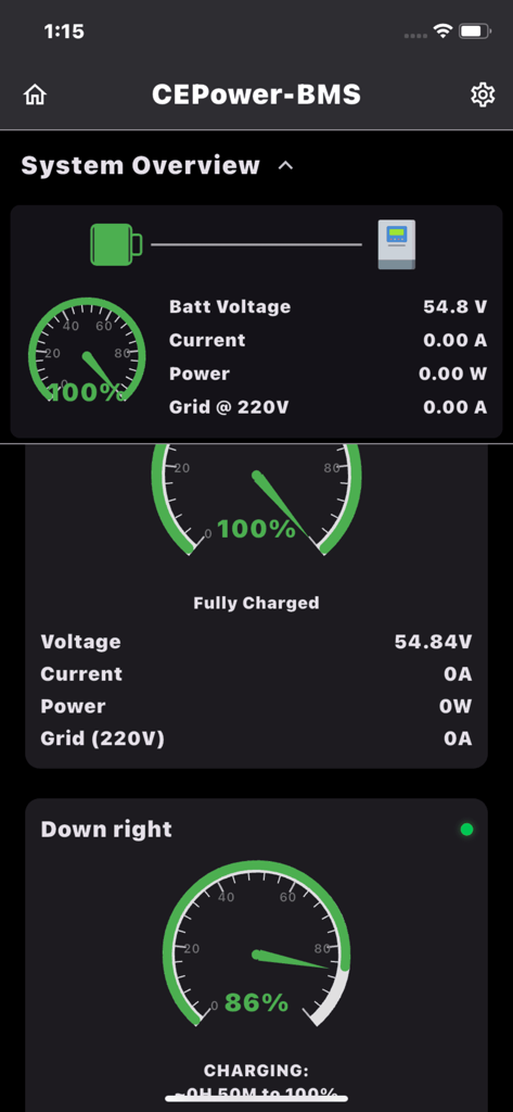 Dashboard of the CEPOWER JKBMS Monitor app showing real-time battery voltage, current, and state of charge gauges for off-grid energy systems.