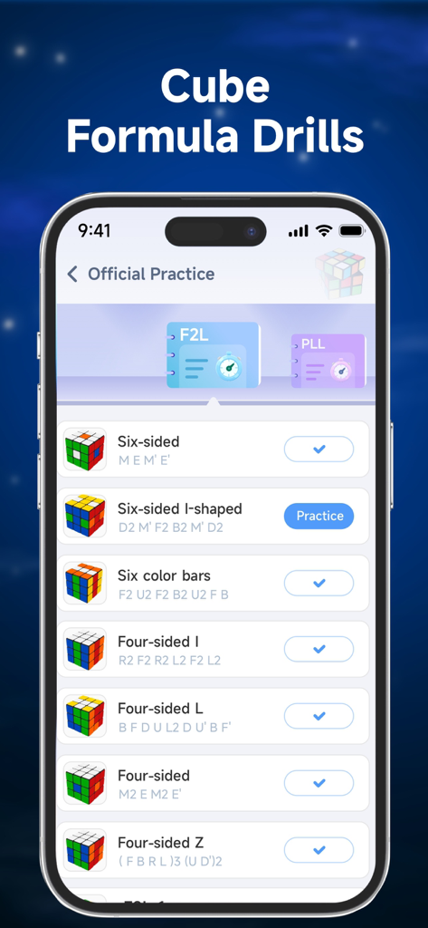 Cube Solver - 3D Cube Timer - Cube Solver app screen showing official practice drills and rubiks cube algorithms