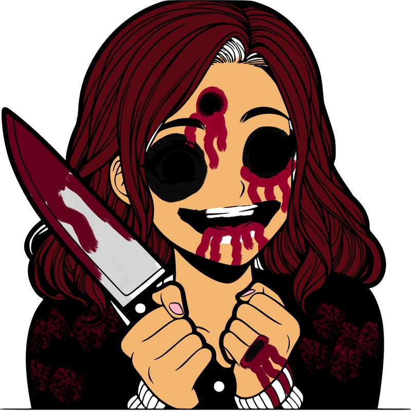 a realistic girl holding a knife and grinning