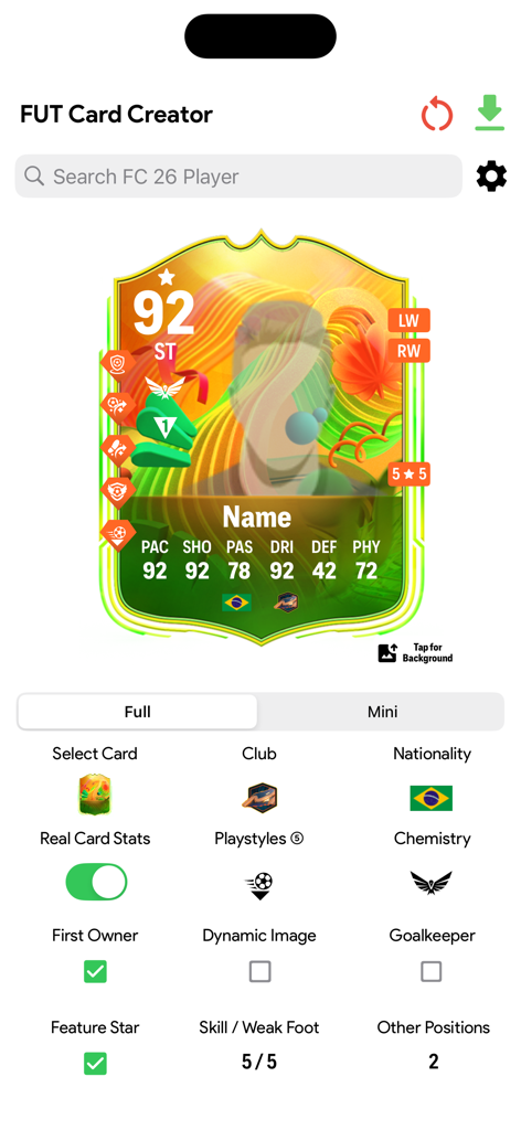UT 26 Card Creator - Interface of the UT 26 Card Creator app showing customization options for a soccer player card including stats, club, and nationality.