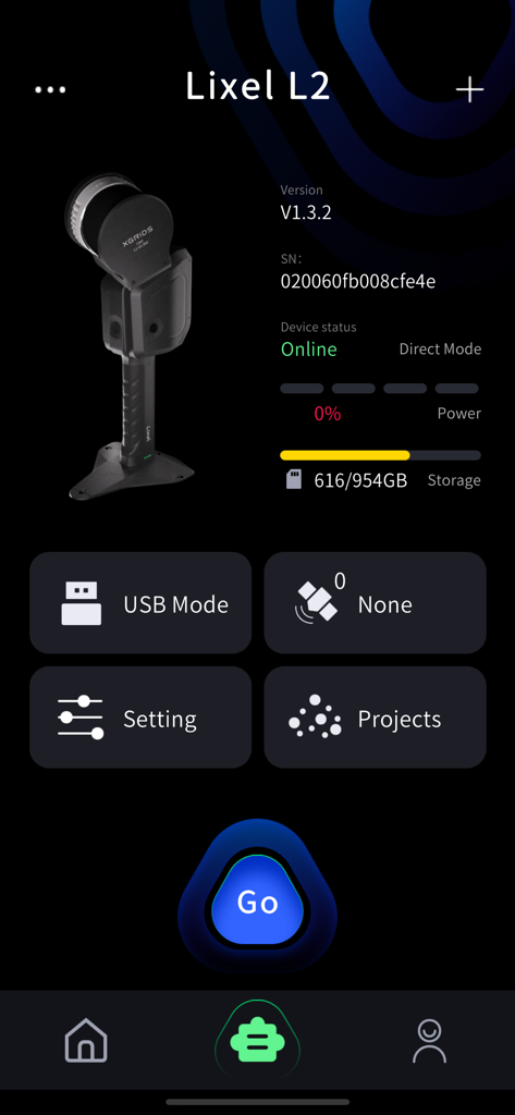 LixelGO mobile app dashboard showing Lixel L2 LiDAR scanner status and controls