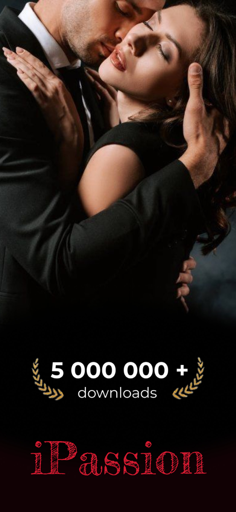 Intimate couple embracing above the iPassion app logo and 5 million downloads text