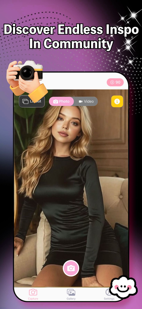 Snapt - Shutter - Interfaz de la aplicación Snapt Shutter mostrando el modo de captura de fotos y texto de inspiración comunitaria