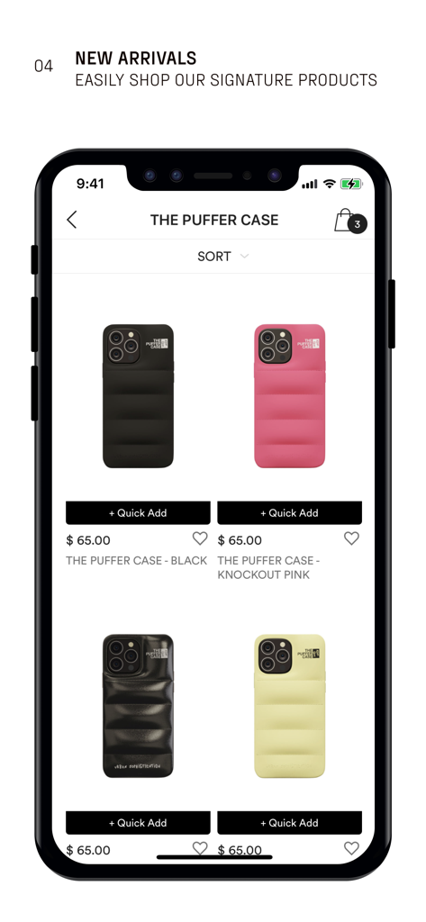 Urban Sophistication - Urban Sophistication app screenshot showing the Puffer Case collection with a quick add shopping interface.