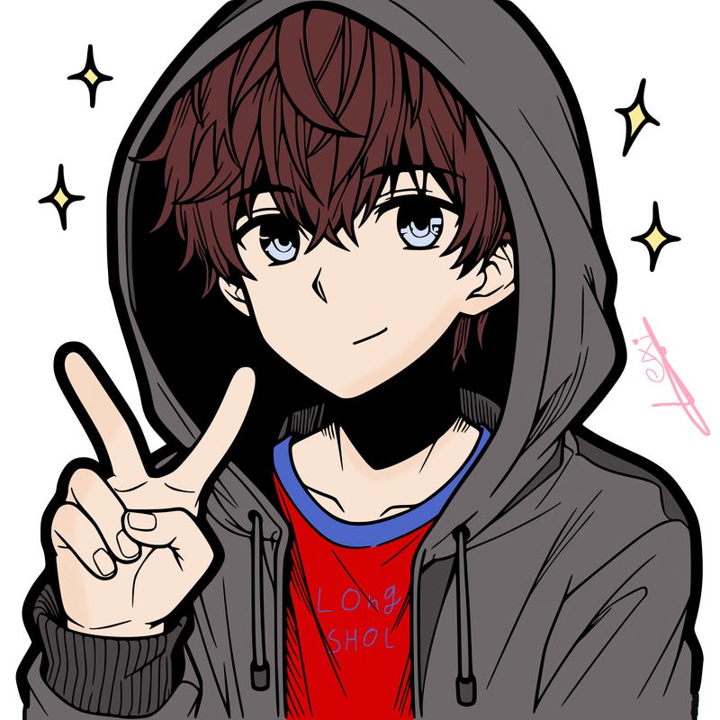 teenage manga boy in a hoodie, doing ✌