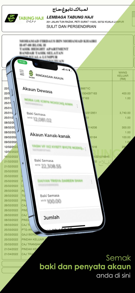 Tabung Haji - THiJARI mobile app account summary screen showing savings balances for adult and trustee accounts.