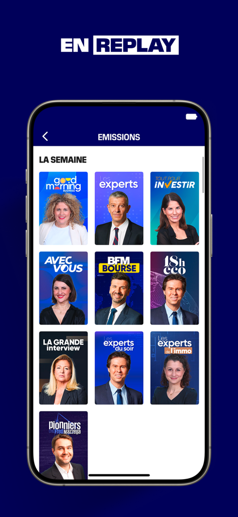 BFM Business: news éco, bourse - Interfaz de la aplicación BFM Business mostrando una cuadrícula de programas de noticias financieras y de negocios disponibles para repetición