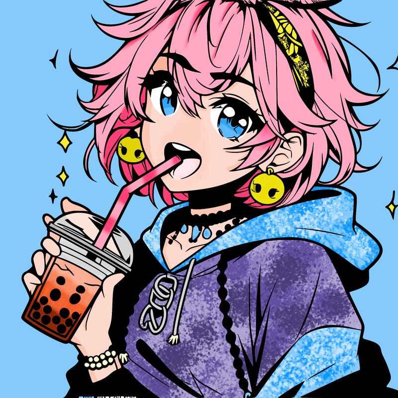 hot baddie anime girl drinking boba and biting the straw