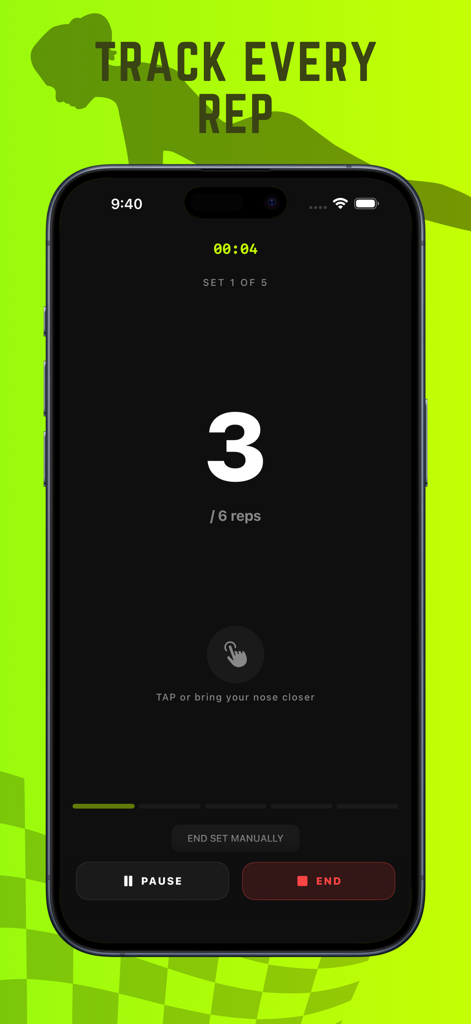 PushUp365 - Push Ups Counter - Interfaz móvil de PushUp365 rastreando tres repeticiones de flexiones durante una serie.