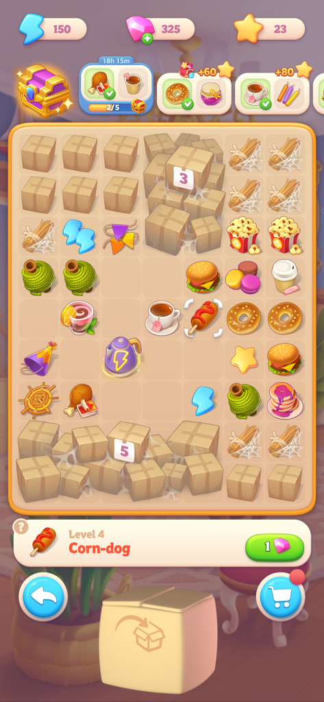 Una pantalla de puzle de fusión de Merge Hotel Empire con iconos de comida y objetos para combinar