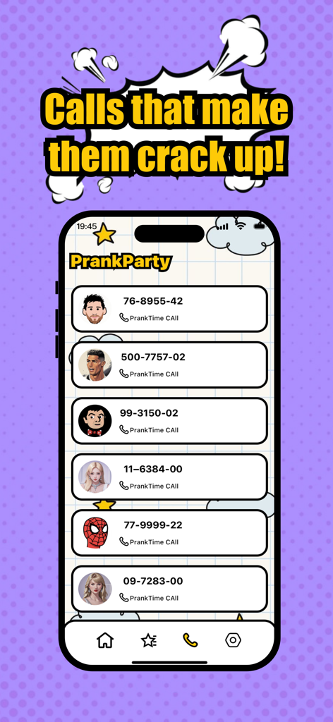 Prank Party : sounds  & call - Interface of the Prank Party app featuring a list of fake calls from celebrities and characters