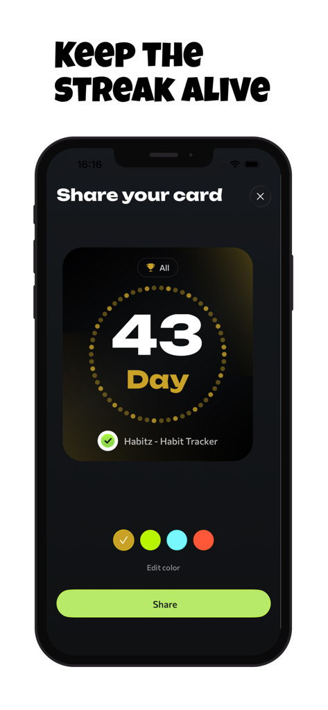 Habitz — Habit Tracker - Schermata di condivisione dell'app Habitz habit tracker che mostra una scheda con una serie di 43 giorni.