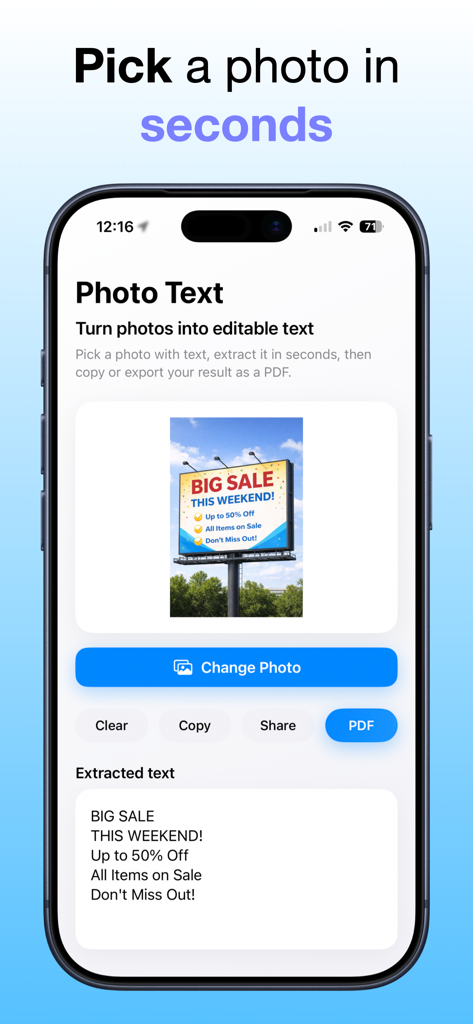 Photo To Text PDF - Interface de um aplicativo móvel extraindo texto de uma foto de um outdoor de vendas